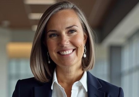 Amy Richardson smiling, wearing a navy blazer and white blouse