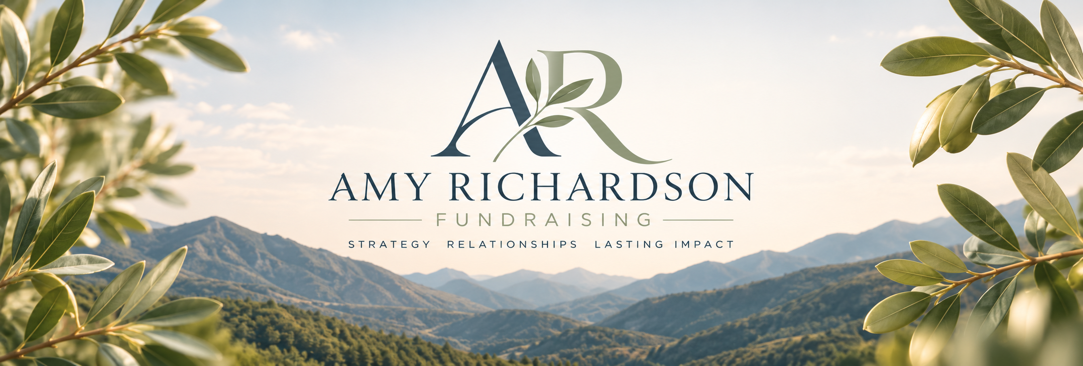 Amy Richardson Fundraising — Strategy, Relationships, Lasting Impact. Olive branches frame a mountain landscape.